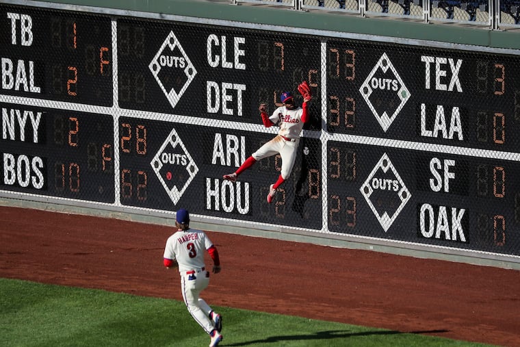 Phillies center fielder Roman Quinn makes a catch in the outfield during the fifth inning of the Philadelphia Phillies game against the Toronto Blue Jays at Citizens Bank Park in Philadelphia, Pa. on Sunday, September 20, 2020.
