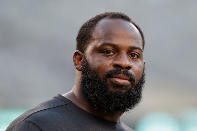 Eagles defensive tackle Fletcher Cox during pregame warm-ups before the Eagles play the New York Jets in a preseason game Thursday, Aug. 29, 2019 in East Rutherford, NJ.