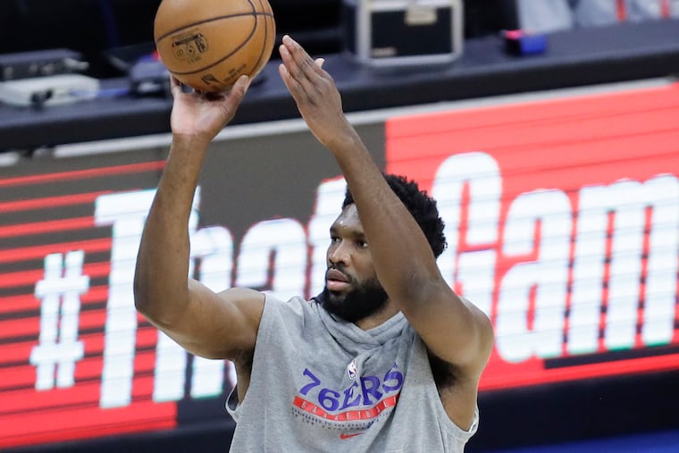Sixers center Joel Embiid warms up before the Sixers played the Atlanta Hawks in Game 7 of the NBA Eastern Conference semifinals on Sunday, June 20, 2021 in Philadelphia.