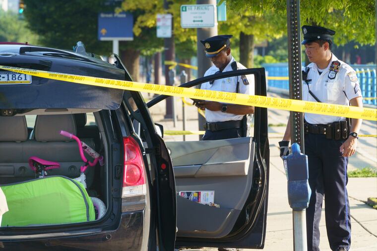 Police investigate a vehicle parked on the street close to where a body was found in the Delaware River on the 700 block of Christopher Columbus Blvd.