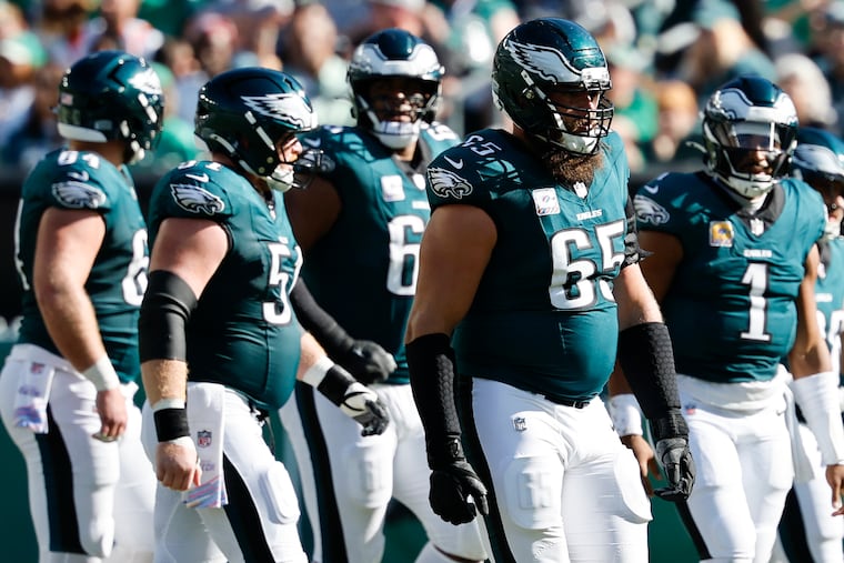 Tackle Lane Johnson (65) and the Eagles offense during the loss to the Denver Broncos.