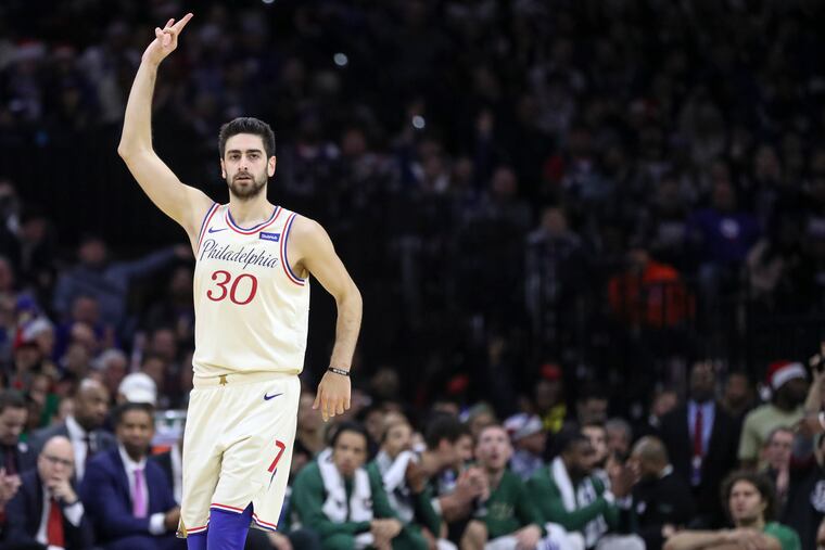 Furkan Korkmaz celebrating a made three-pointer against the Milwaukee Bucks on Wednesday.