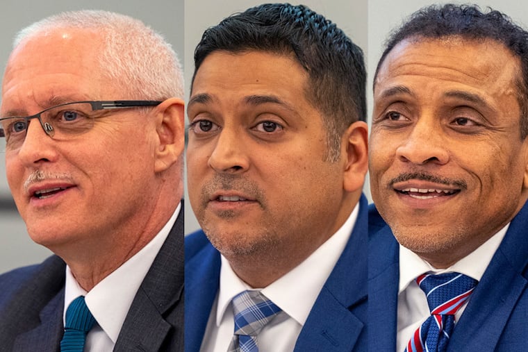 The three men vying to be the Philadelphia School District’s next superintendent — John Davis, Krish Mohip, and Tony Watlington.
