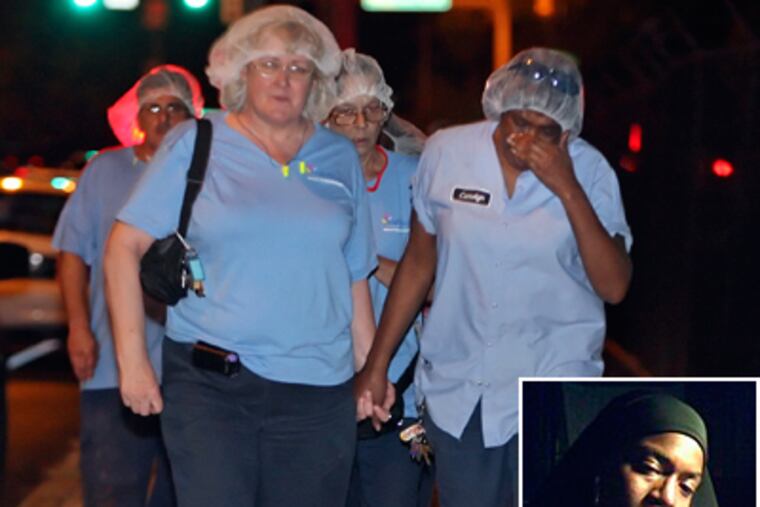 Employees leave the Kraft Foods plant after the suspect in Thursday's shooting rampage was captured. Victim Tanya Wilson (inset), as seen on her website. (Steven M. Falk/Staff)