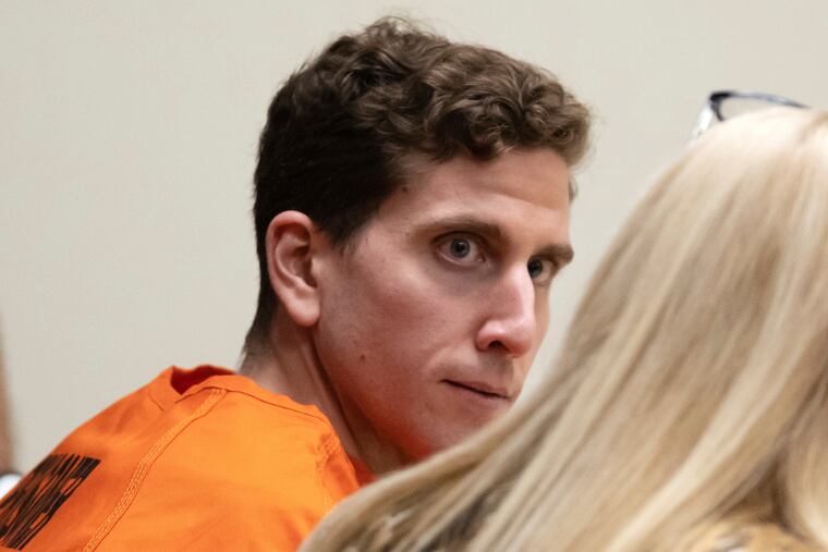 Bryan Kohberger, who is accused of killing four University of Idaho students in November 2022, looks toward his attorney, public defender Anne Taylor, during a hearing in Latah County District Court in January.