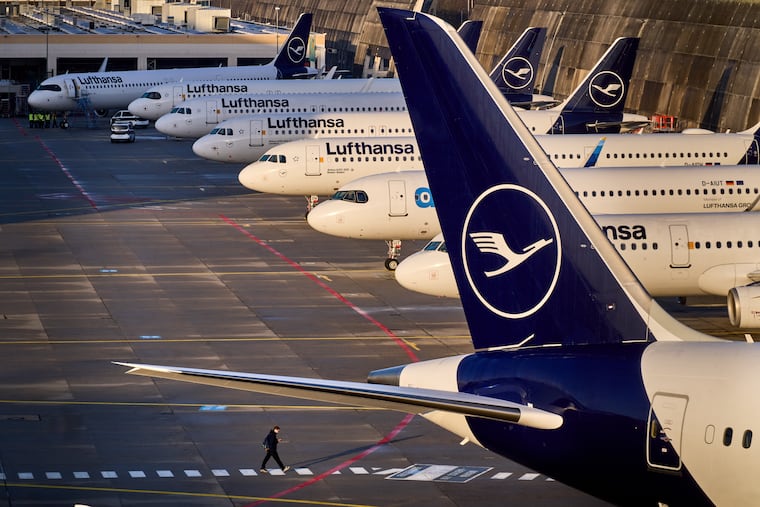 Lufthansa planes at the airport in Frankfurt, Germany, March 12, 2026.