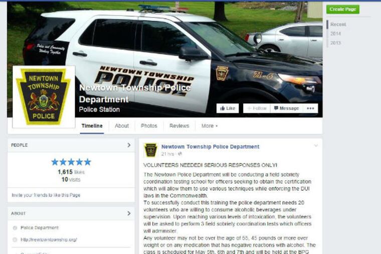 A screen grab of Newtown Township police department's Facebook page seeking volunteers for a sobriety test training session.