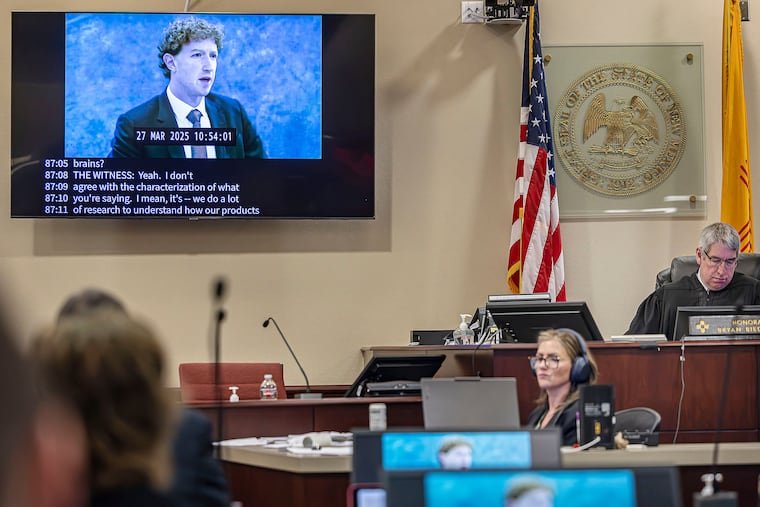 A recording of Meta Founder and CEO Mark Zuckerberg's deposition is played for the jurors on March 4 in Santa Fe, N.M.