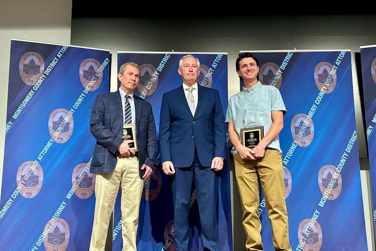 Brent Fryling (left) and Guerin Jones (right) were awarded a civilian commendation by Montgomery County District Attorney Kevin Steele during a ceremony Tuesday.
