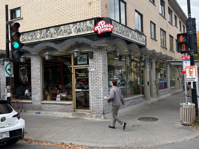 The exterior of Pasta Pooks in the Little Italy neighborhood of Montreal. The restaurant specializes in hand-rolled pasta, but also a cheesesteak tribute to Philadelphia.