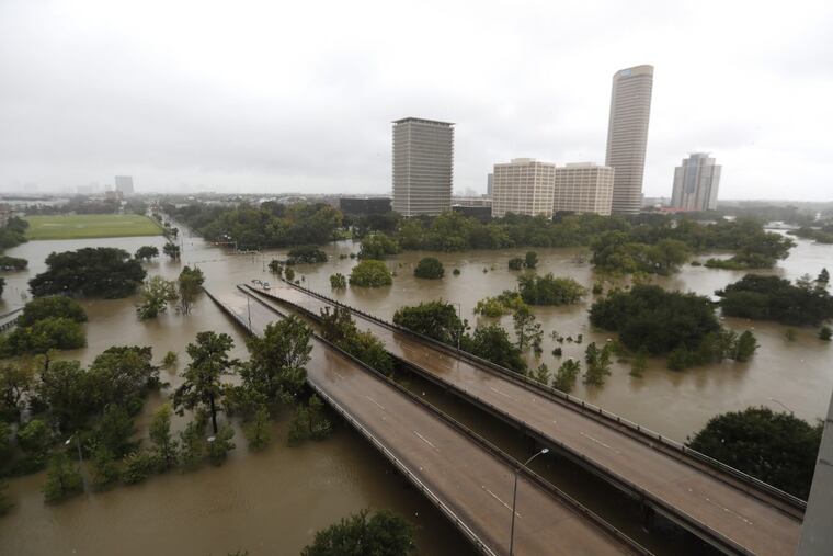 Overhead view of the floods from Buffalo Bayou on Memorial Drive and Allen Parkway.
