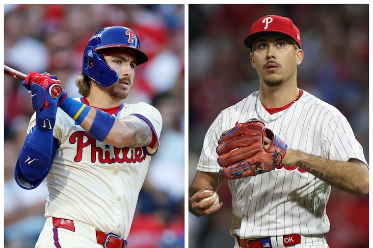 Phillies second baseman Bryson Stott, left, and reliever Orion Kerkering.