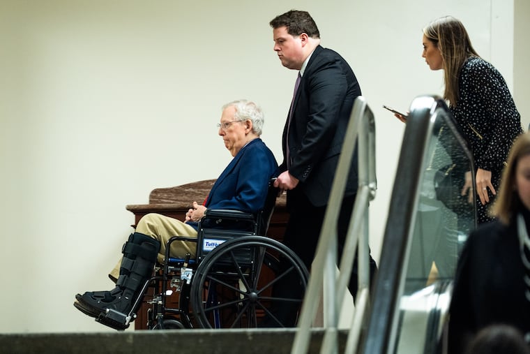 McConnell returning to his office after a Senate vote in February 2025. He has been absent from the Senate for nearly a month.