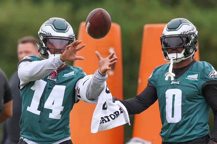 Philadelphia Eagles running back Kenneth Gainwell runs a drill next to fellow running back D'Andre Swift (0) during practice at the NovaCare Complex in South Philadelphia on Thursday, Sept. 28, 2023. The Eagles will host the Washington Commanders on Sunday.