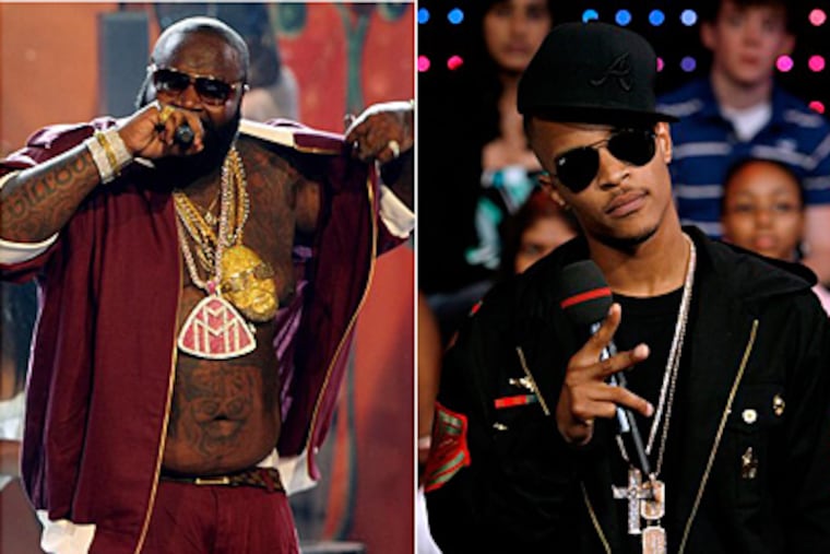 Hip-hop artists are wearing fewer of the pricey medallions, such as worn by Rick Ross (left). At right, T.I. is part of a new generation of rappers who have kept their everyday style within reach of the consumer most likely to emulate them. (AP file photos)