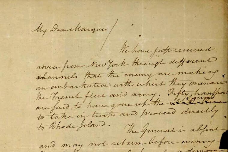 This image filed Wednesday, May 15, 2019, in federal court as part of a forfeiture complaint by the U.S. Attorney's Office in Boston shows a 1780 letter from Alexander Hamilton to the Marquis de Lafayette that was stolen from the Massachusetts Archives decades ago. The complaint asks a judge to order the letter returned to the state. It resurfaced in November 2018 when a Virginia auction house received it from a South Carolina family that wanted to sell it. The letter was part of a deceased relative's estate. (U.S. Attorney's Office via AP)