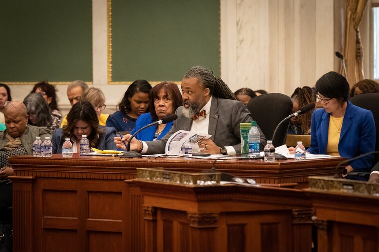 Reginald Streater, Philadelphia School Board president, speaks as City Council holds hearings on Mayor Cherelle Parker's school board candidates Friday.