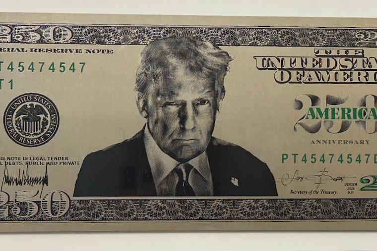 A mock-up design of a proposed $250 bill featuring the president’s face and signature that administration officials provided to Bureau of Engraving and Printing staff in August.