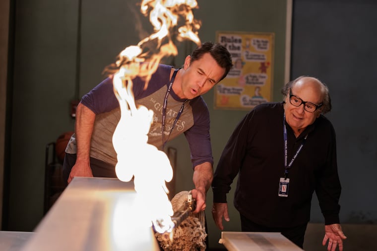 Rob (Rob Mac) and Frank (Danny DeVito) in the premiere of season 17 of 'It's Always Sunny in Philadelphia.' The episode, called "The Gang F***s Up Abbott Elementary," is part two of a crossover with 'Abbott Elementary.'