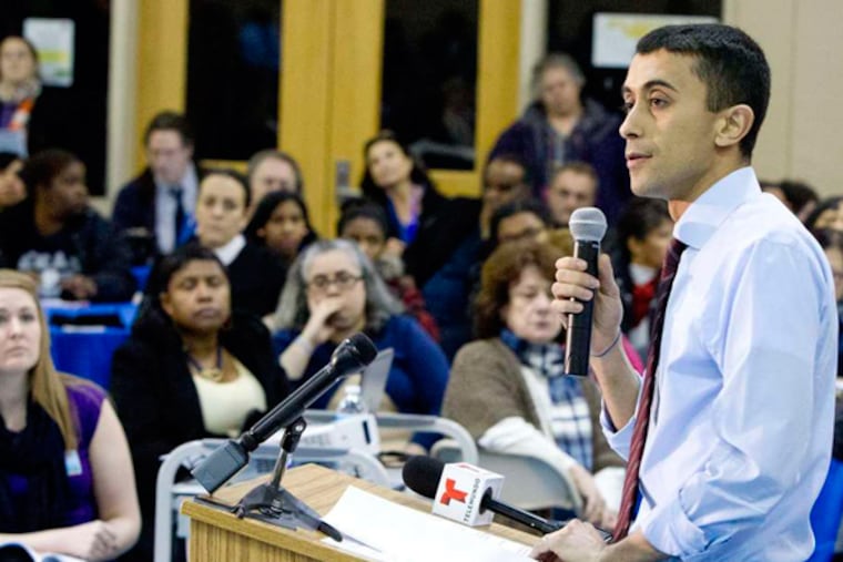 Superintendent Paymon Rouhanifard at the meeting at Octavius V. Catto Elementary School. "We want to move with a sense of urgency here," the state-appointed leader said. (David M Warren / Staff Photographer)