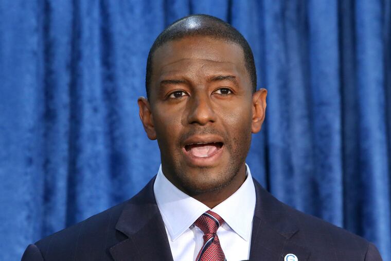 FILE - In this Nov. 10, 2018, file photo, Andrew Gillum, then the Democratic candidate for governor, speaks at a news conference in Tallahassee, Fla. Florida's ethics commission says there is probable cause that Gillum violated the state's ethics law. The commission voted Friday, Jan. 25, 2019, in a closed-door meeting to proceed with charges against Gillum. (AP Photo/Steve Cannon, File)