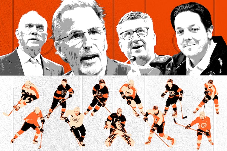 The Flyers, led by (from left) Comcast Spectacor CEO Dan Hilferty, coach John Tortorella, president of hockey operations Keith Jones, and general manager Daniel Brière, are in charge of the "new era of orange."