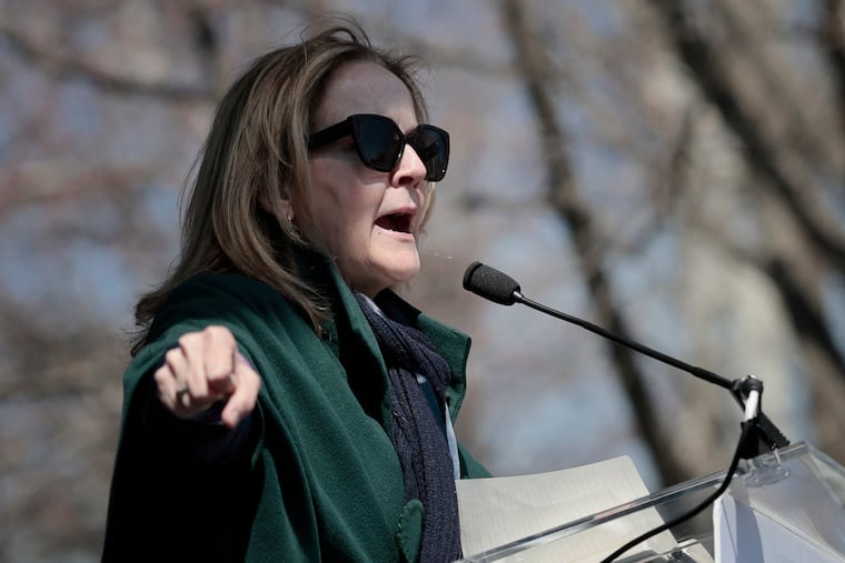 U.S. Rep. Madeleine Dean speaks during the “No Kings” protest in Philadelphia on Saturday. Dean visited a Philly ICE facility on Tuesday.