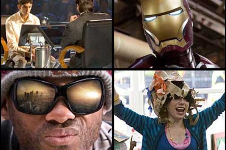 Among the films on Carrie Rickey's and Steven Rea's top 10 lists of 2008: (Clockwise from top left) "Slumdog Millionaire," "Iron Man," "Happy-Go-Lucky" and Hancock.