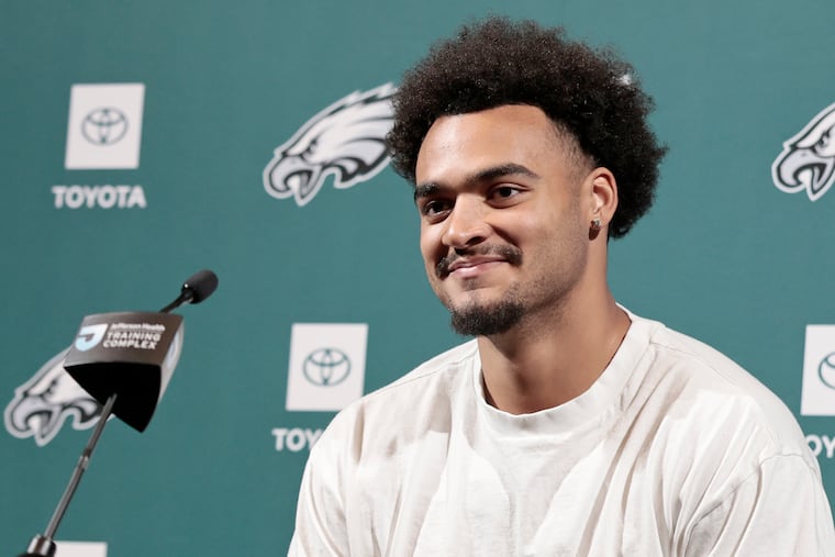 Eagles 2026 NFL draft pick Keyshawn James-Newby speaks during a news conference in April.