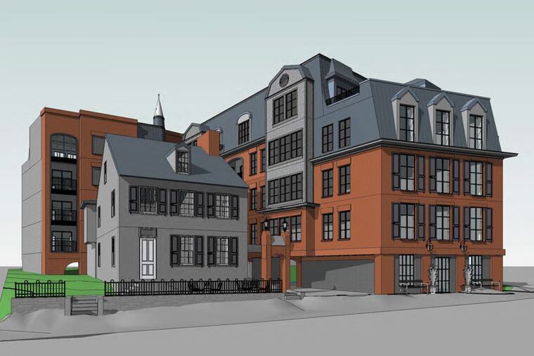 A rendering of the proposed condo building, on the right and behind the historic Detweiler House.