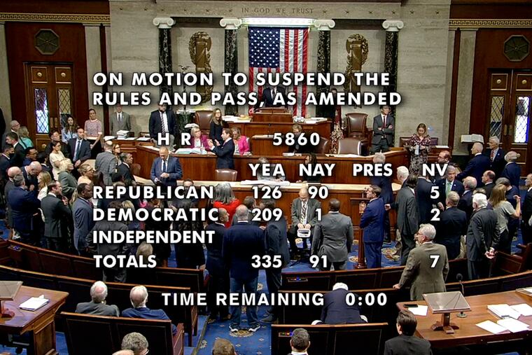 This image from House Television shows Rep. Steve Womack, R-Ark., the Speaker Pro Tempore, presiding as the House passes a 45-day funding bill on Saturday, Sept. 30, 2023, at the Capitol in Washington. The House vote was 335-91. The measure now goes to the Senate, which also is meeting Saturday. (House Television via AP)