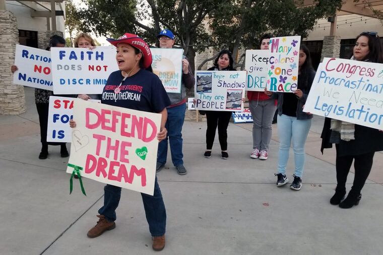 Rosa Salmeron, a student at California State University, Fresno, rallies Dreamers and supporters outside the office of House Majority Leader Kevin McCarthy.