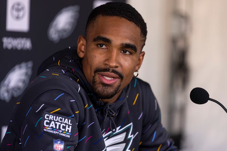 Philadelphia Eagles Quarterback Jalen Hurts (1), speaks with the media during a press conference Wednesday afternoon at the NovaCare Complex on Oct. 20, 2021.