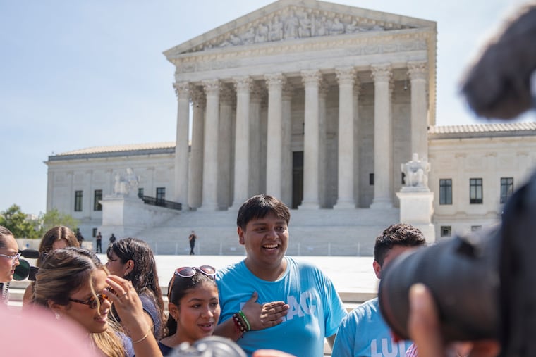 Members of the League of United Latin American Citizens gather outside the Supreme Court after a decision on birthright citizenship in Washington on Tuesday. The Supreme Court on Tuesday struck down President Trump’s executive order limiting birthright citizenship, reaffirming the long-held principle that the Constitution guarantees that nearly all children born on U.S. soil are citizens.