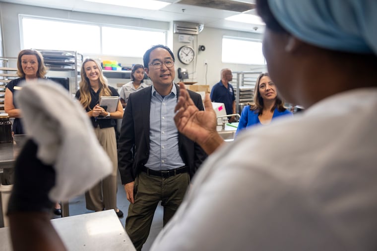Sen. Andy Kim (D., N.J.) visits Cathedral Kitchen in Camden Friday. The anti-hunger nonprofit, which distributes thousands meals each month, turned 50 this year.