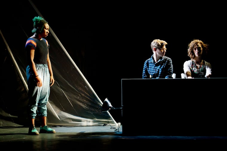 (Left to right:) Ciera Gardner, Maggie Johnson, and Alick Yorke in Azuka Theatre's production of "The Gap," a leader in the just-announced 2018 Barrymore Award nominations.