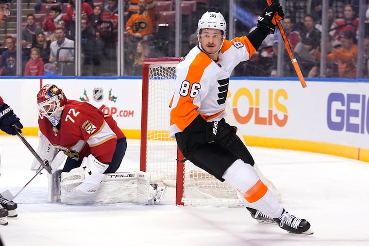 Flyers left wing Joel Farabee celebrates a goal against the Panthers on Nov. 24.