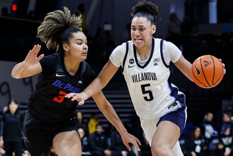 Villanova's Ryanne Allen drives past DePaul's Alayna West during the fourth quarter Saturday at Finneran Pavilion. Allen finished with 17 points and seven rebounds.