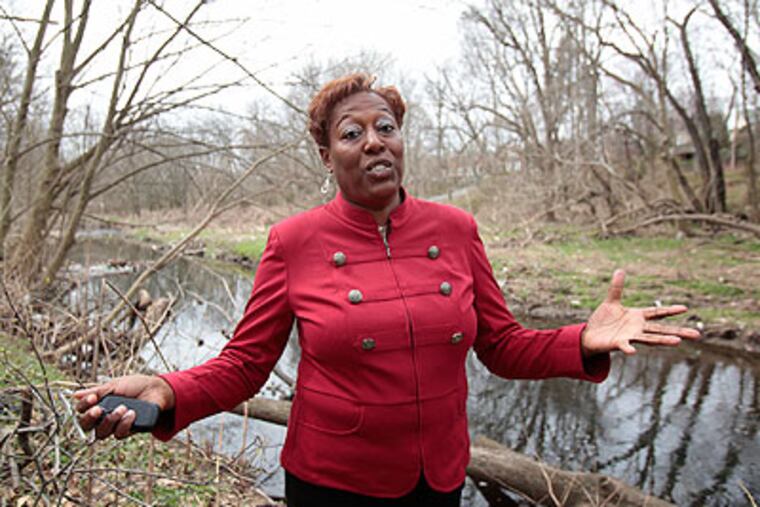 Block captain and community activist Tracey Gordon stands on the banks of Cobbs Creek and talks about the trash problem there. (Ed Hille / Staff Photographer)