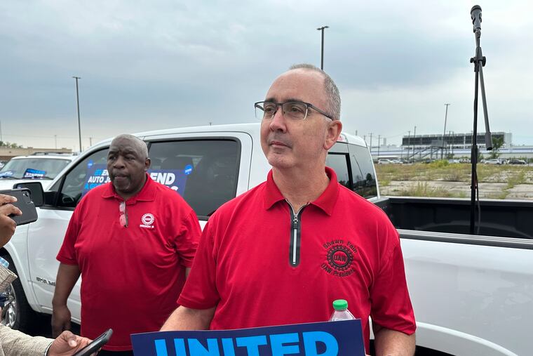 United Auto Workers President Shawn Fain at a union rally held near a Stellantis factory on Wednesday, Aug. 23, 2023, in Detroit.