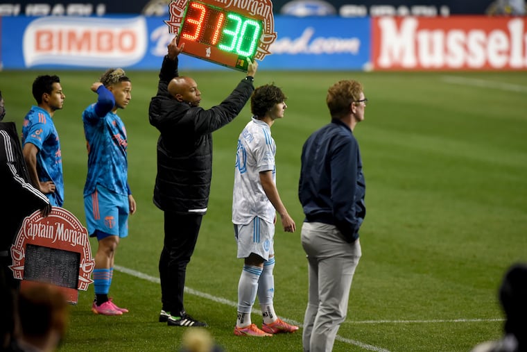 17-year-old Union rookie Paxten Aaronson (second from right), the younger brother of former Union star Brenden Aaronson, made his professional debut Sunday night.