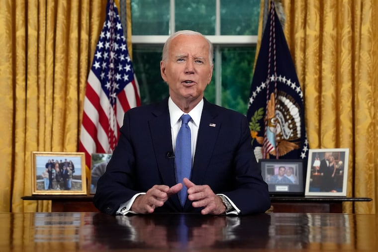 President Joe Biden addresses the nation from the Oval Office of the White House in Washington on Wednesday about his decision to drop his Democratic presidential reelection bid.