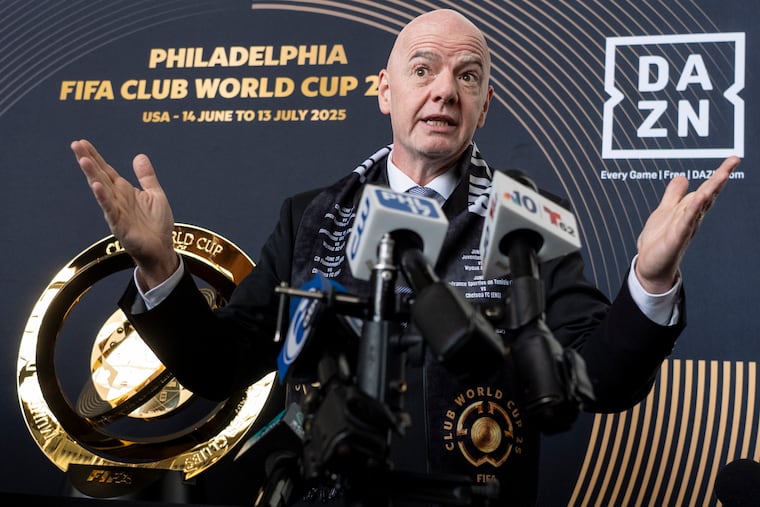 FIFA President Gianni Infantino speaks to the media at a welcoming event for the 2025 FIFA Club World Cup in 2025.