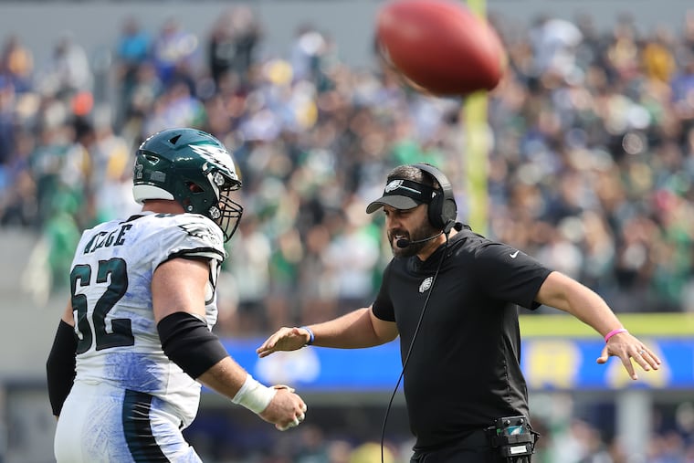 Philadelphia Eagles head coach Nick Sirianni celebrates a touchdown with center Jason Kelce. How will the Eagles respond to their first loss of the season?