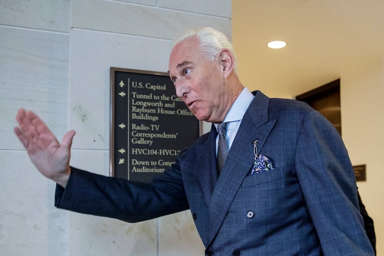 FILE - In this Sept. 26, 2017, file photo, President Donald Trump associate Roger Stone arrives to testify before the House Intelligence Committee, on Capitol Hill in Washington. The top Democrat on the House intelligence committee says former Trump adviser Roger Stone's testimony should be provided to special counsel Robert Mueller to consider potential perjury charges. Rep. Adam Schiff said Sunday on ABC's "This Week" that emails between Stone and an associate, Jerome Corsi, are "inconsistent" with Stone's testimony. (AP Photo/J. Scott Applewhite, File)