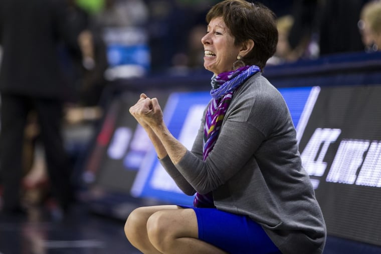 Notre Dame head coach Muffet McGraw yells at her players during a first-round game against Cal State Northridge in the NCAA women’s college basketball tournament Friday, March 16, 2018, in South Bend, Ind.