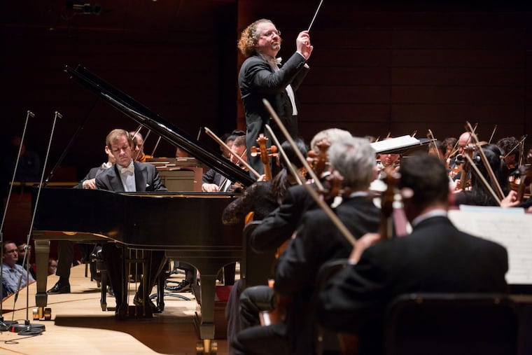 The Philadelphia Orchestra performing in Verizon Hall during last season’s Rachmaninoff Festival with pianist Nikolai Lugansky and conductor Stéphane Denève.