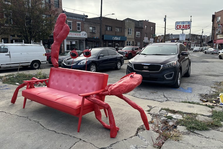 "Crab Couch" comes with claws and killer side-eye. A claw initially was holding a cigarette, but it has gone missing after some wind damage.