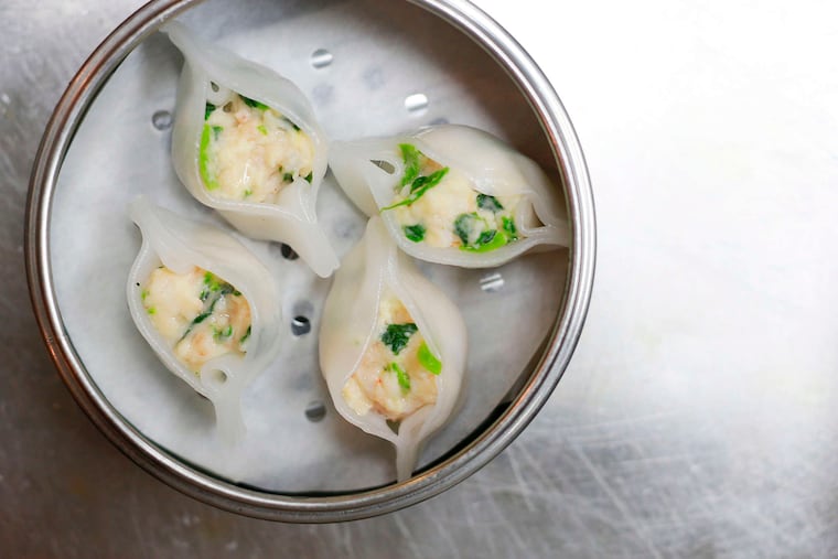 Snow pea leaf shrimp beggar's purse dumplings at Nom Wah Tea Parlor.