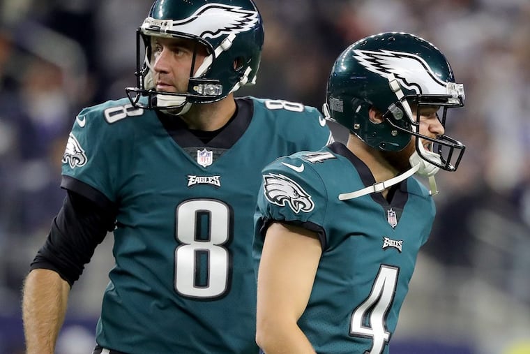 As it stands now, the Philadelphia Eagles don’t have a healthy kicker on the roster because Jake Elliott (right) is in the league-mandated concussion protocol after injuring his head on the opening kickoff against the Dallas Cowboys.